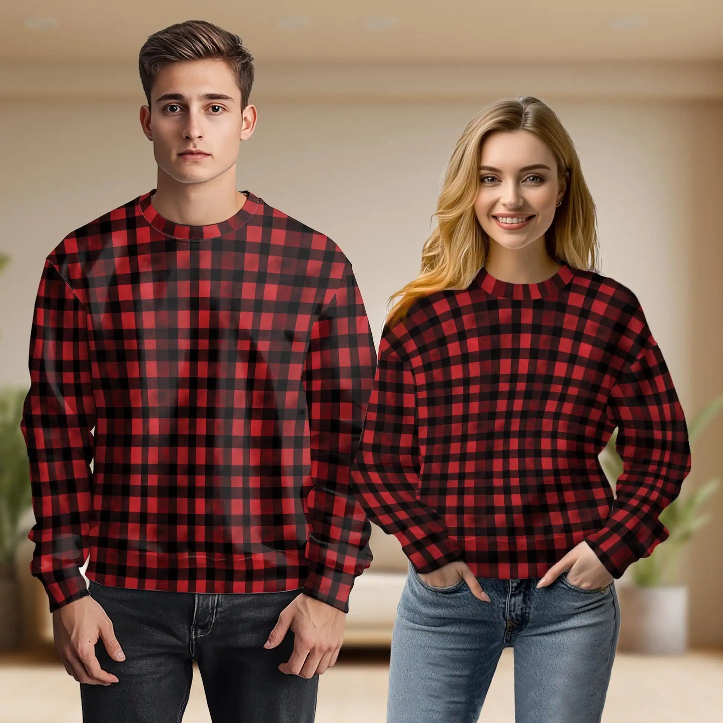 Red and Black Buffalo Plaid Sweatshirt, 3D All Over Print Classic Checkered Pattern Crewneck Pullover for Men Women, Rustic Style Gift - Netecom