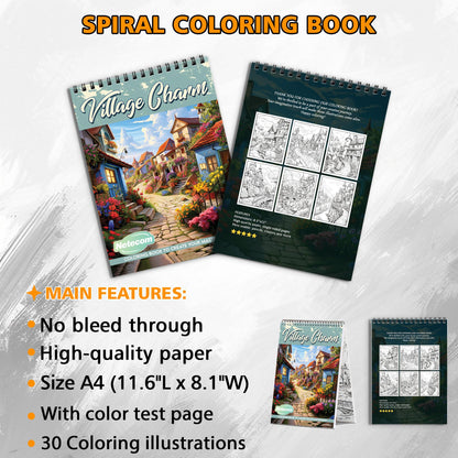 Village Charm Spiral Bound Coloring Book, Picturesque Village Scenes for a Relaxing Escape, Great for Those Seeking Quaint and Rustic Beauty