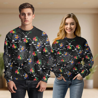 Simple Hockey Tropical Black Sweatshirt, 3D All Over Print Ice Hockey Palm Tree Crewneck Pullover for Men Women, Hockey Player Gift - Netecom