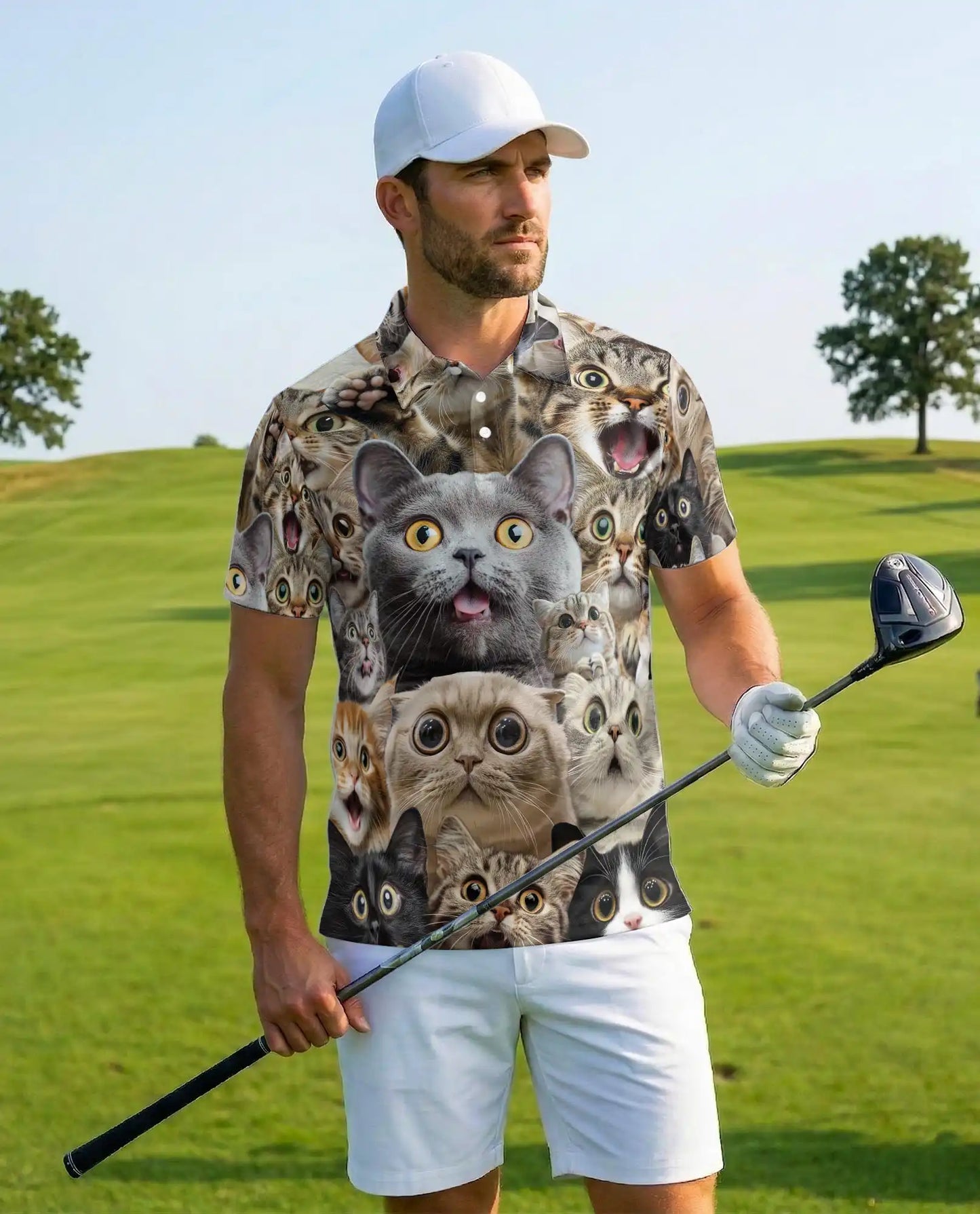 Funny Cat Faces Polo Shirt for Men - Cute Cat Lover | Netecom
