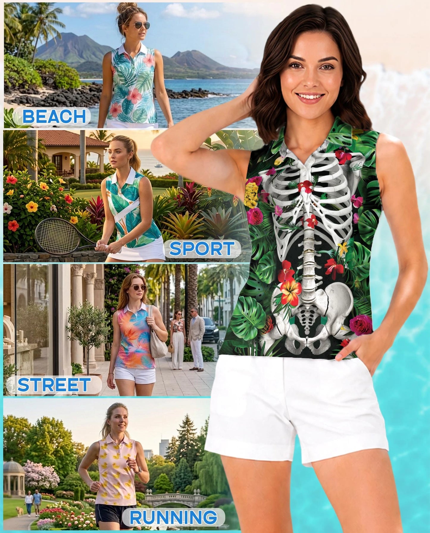 Tropical Floral Skeleton Print Sleeveless Polo Shirt for Women | Netecom