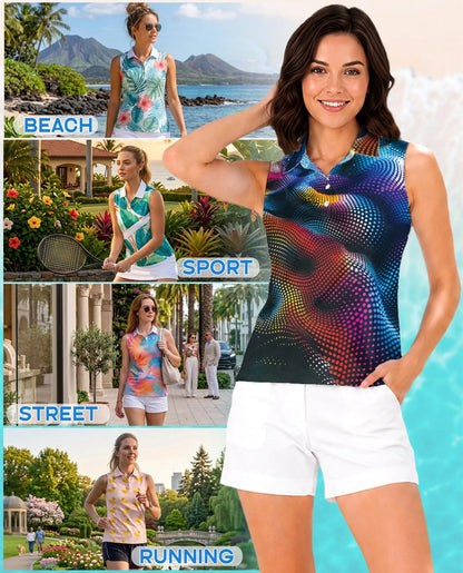 Dynamic Dots Sleeveless Polo Shirt for Women | Netecom
