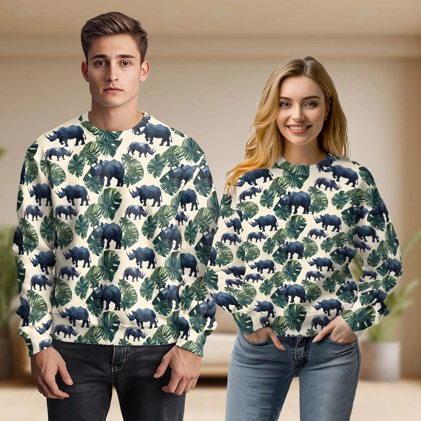 Rhino and Monstera Leaf Pattern Sweatshirt, 3D All Over Print Tropical Wildlife Crewneck Pullover for Men Women, Rhino Lover Gift - Netecom