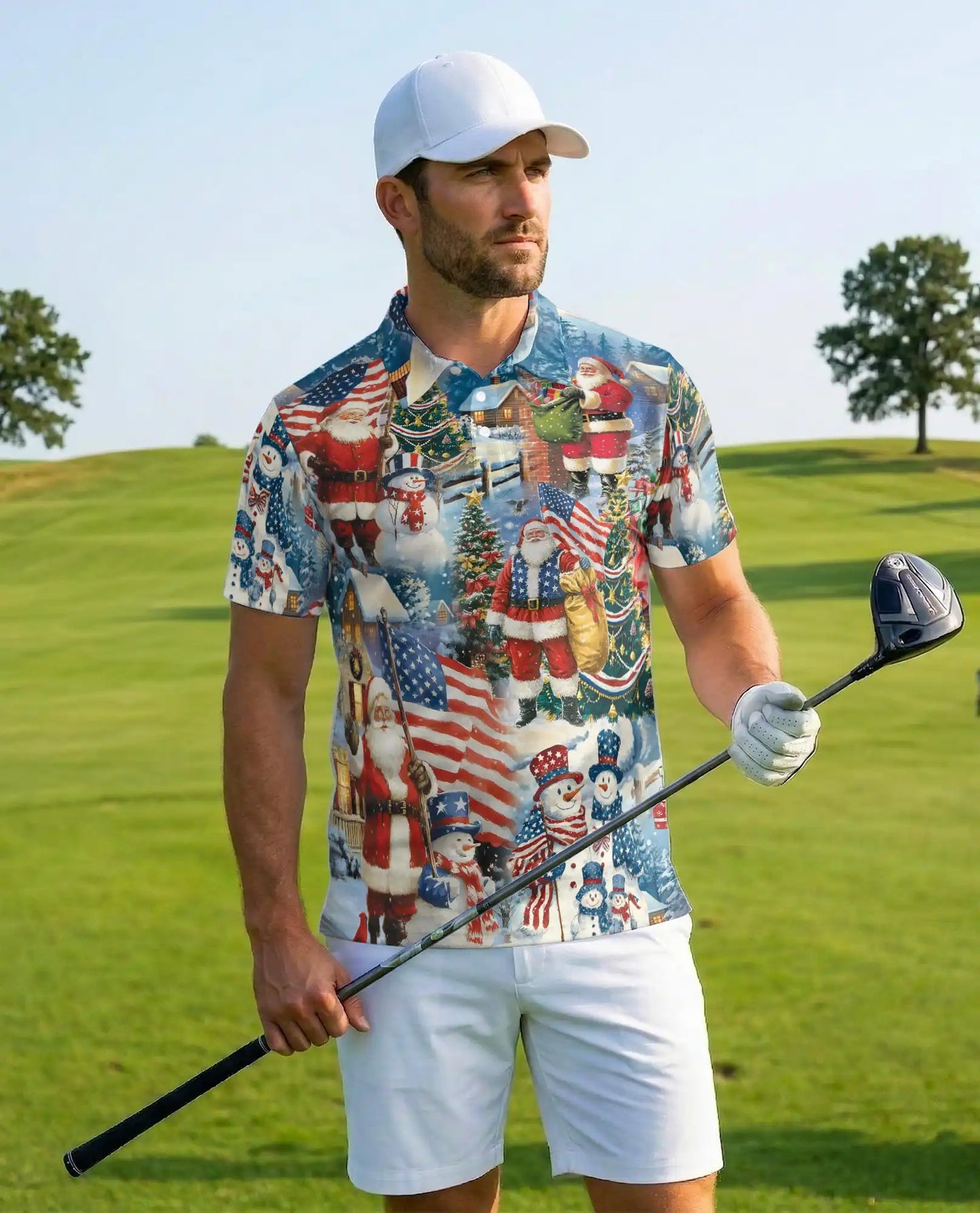 Patriotic Christmas Santa Polo Shirt for Men- Patten American Flag Santa | Netecom