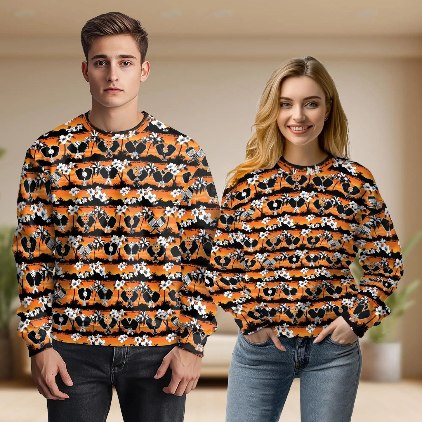 Pickleball Tropical Rhombus Pattern Sweatshirt, 3D All Over Print Geometric Palm Tree Crewneck Pullover for Men Women, Pickleball Lover Gift - Netecom