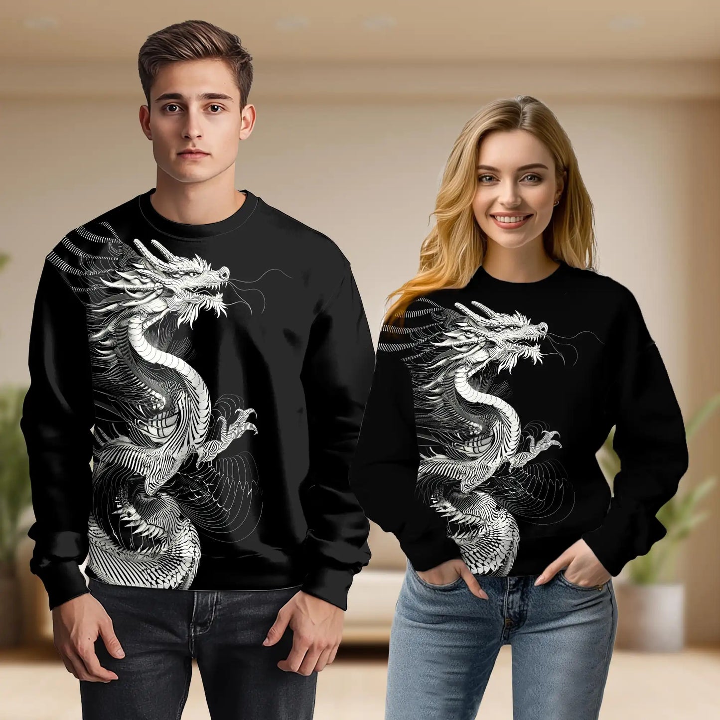 Japanese Dragon Blackwork Sweatshirt, 3D All Over Print Japanese Tattoo Art Crewneck Pullover for Men Women, Dragon Lover Gift - Netecom