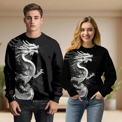 Japanese Dragon Blackwork Sweatshirt, 3D All Over Print Japanese Tattoo Art Crewneck Pullover for Men Women, Dragon Lover Gift - Netecom