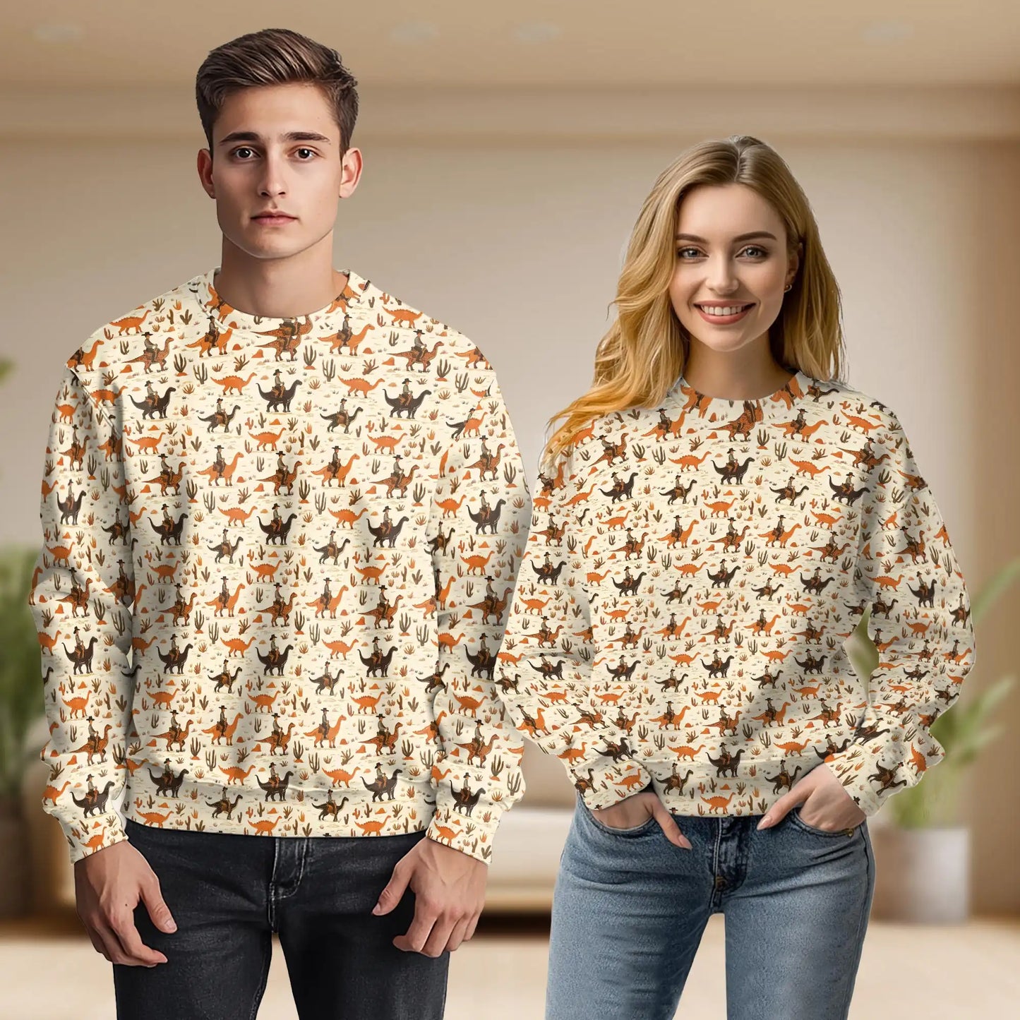 Cowboy Riding Dinosaur Sweatshirt, 3D All Over Print Western Prehistoric Crewneck Pullover for Men Women, Cowboy Lover Gift - Netecom