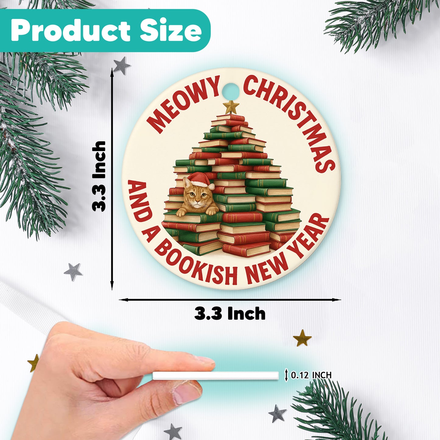 Netecom Funny Cat with Book Stack Ornament, Meowy Catmas and Bookish Christmas Tree Ceramic Ornament for Xmas Tree Hanging Decorations Gift, Book Lover Gifts for Women, Holiday Party Present