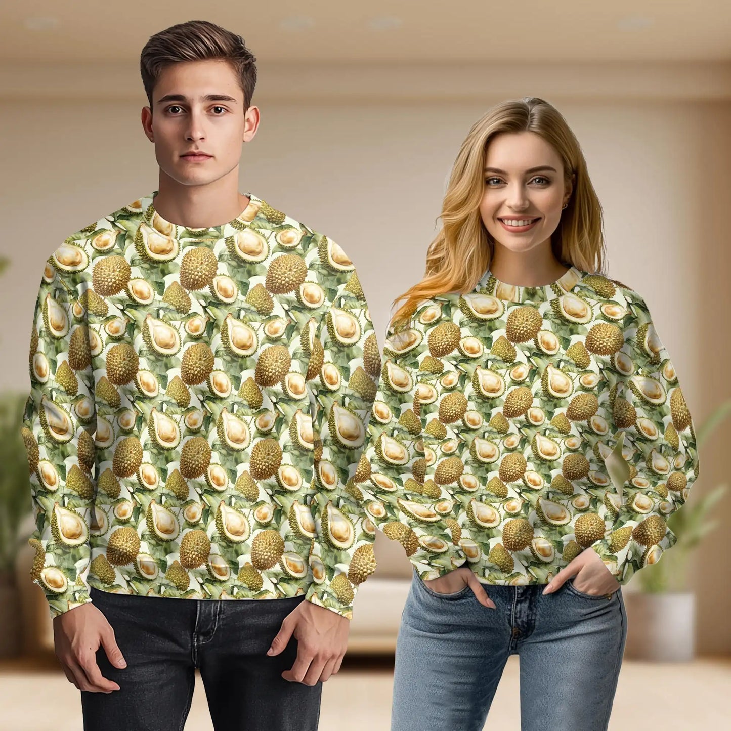 Durian Pattern Sweatshirt, 3D All Over Print Tropical Fruit Crewneck Pullover for Men Women, Durian Lover Gift - Netecom