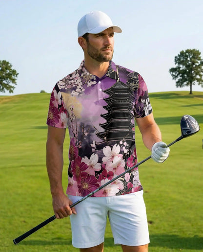 Sakura Pagoda Polo Shirt - Japanese Floral Art Style | Netecom