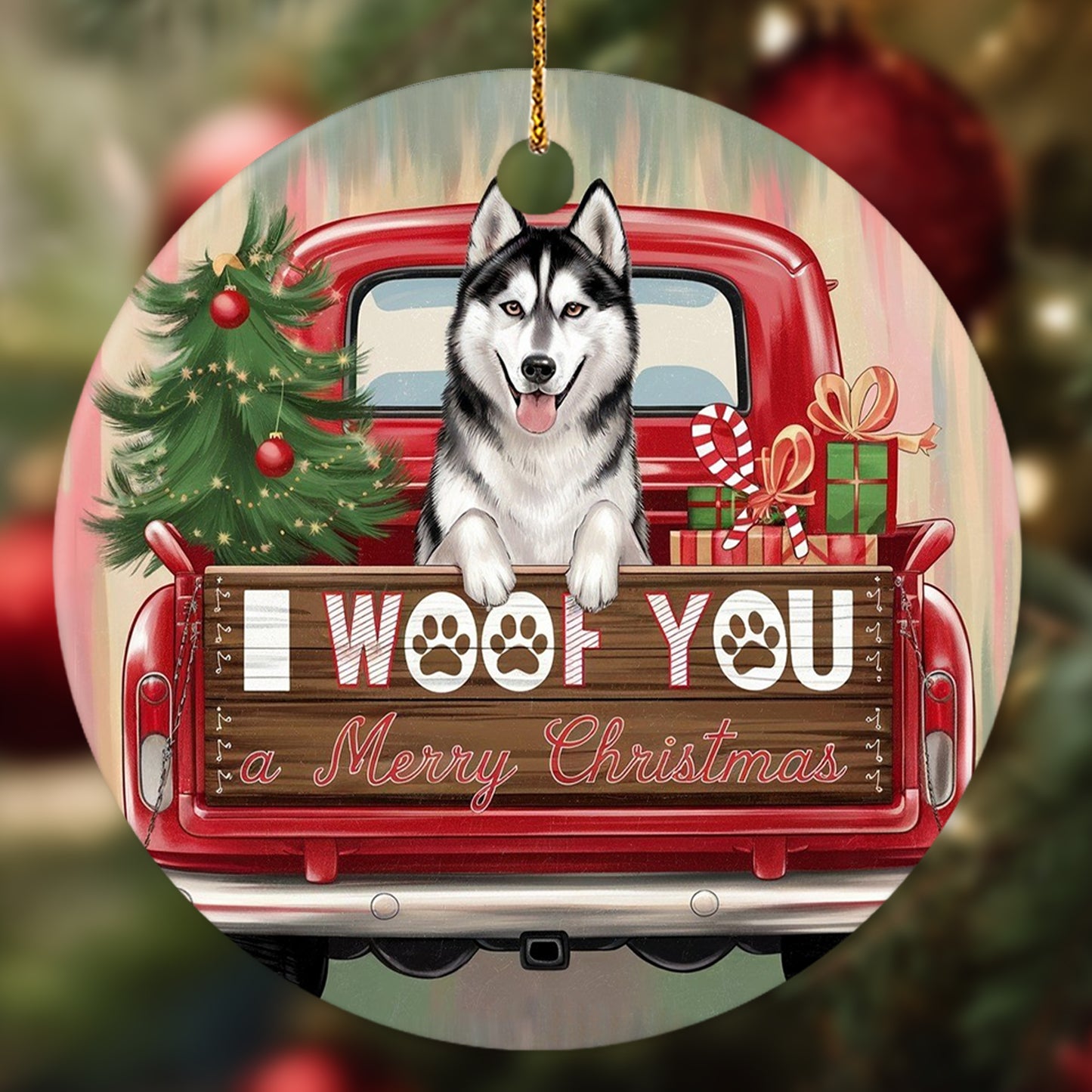 Netecom Funny Siberian Husky in Holiday Truck Ornament, I Woof You a Merry Christmas Ceramic Ornament for Christmas Tree Hanging Decorations Gift, Pet Lover Gifts, Holiday Party Present