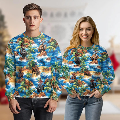 Bull Riding Beach Sweatshirt, 3D All Over Print Tropical Rodeo Crewneck Pullover for Men Women, Bull Rider Gift - Netecom