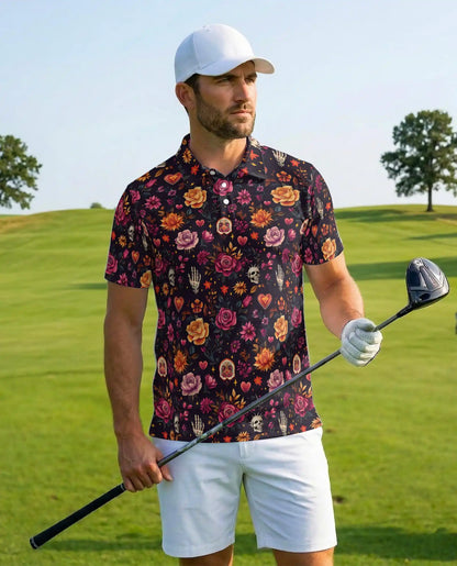 Floral Sugar Skull Polo Shirt for Men-Gothic Rose Skeleton Inspired | Netecom