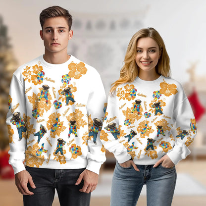 Pug Autism Awareness Sweatshirt, 3D All Over Print Cute Dog Crewneck Pullover for Men Women, Autism Awareness Gift - Netecom