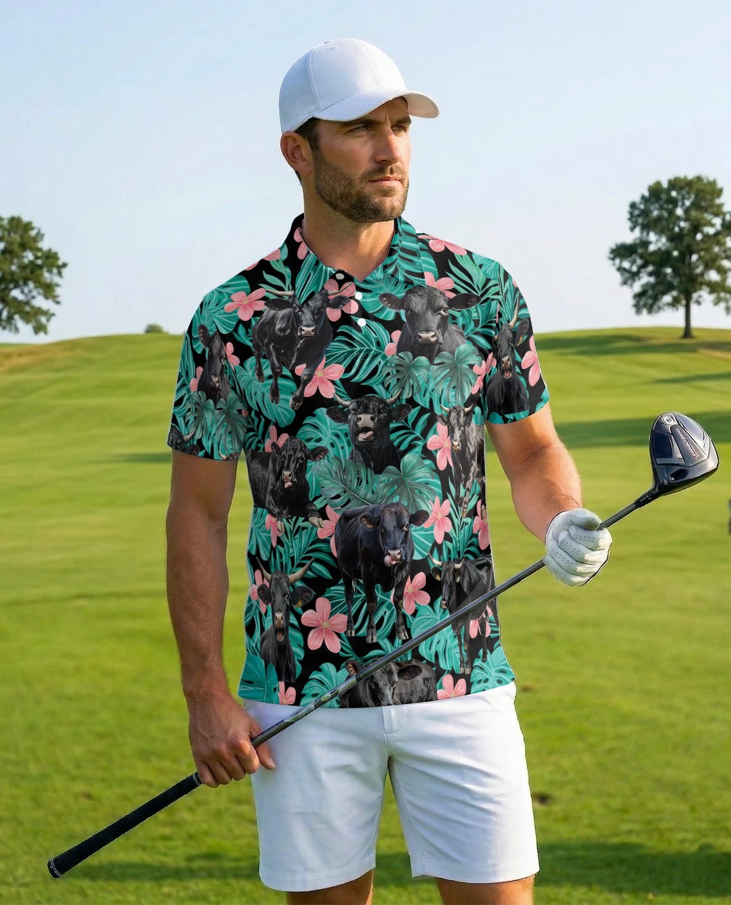 Tropical Black Cow Polo Shirt for Men – Farm Animal Lover Style | Netecom