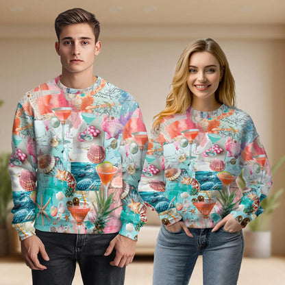 Tropical Beach Cocktail Shell Collage Sweatshirt, 3D All Over Print Summer Vacation Crewneck Pullover for Men Women, Beach Lover Gift - Netecom