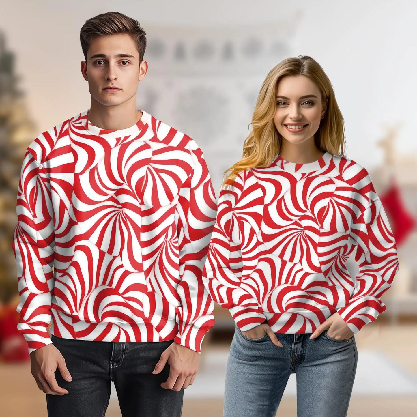 Red and White Candy Cane Stripes Sweatshirt, 3D All Over Print Christmas Holiday Crewneck Pullover for Men Women, Candy Cane Lover Gift - Netecom