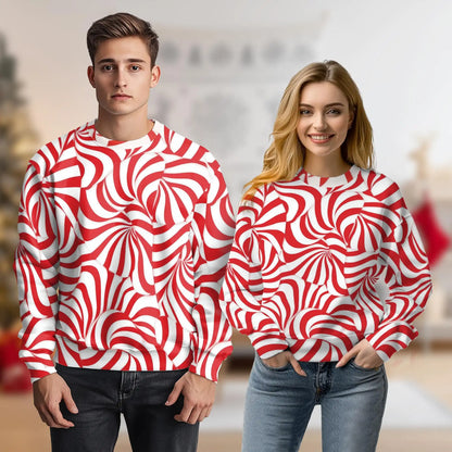 Red and White Candy Cane Stripes Sweatshirt, 3D All Over Print Christmas Holiday Crewneck Pullover for Men Women, Candy Cane Lover Gift - Netecom