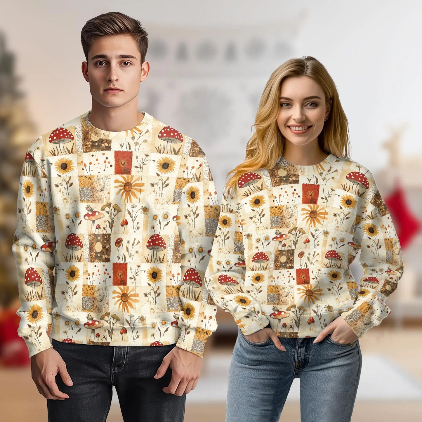 Vintage Patchwork Mushroom and Sunflower Sweatshirt, 3D All Over Print Boho Floral Crewneck Pullover for Men Women, Mushroom Lover Gift - Netecom