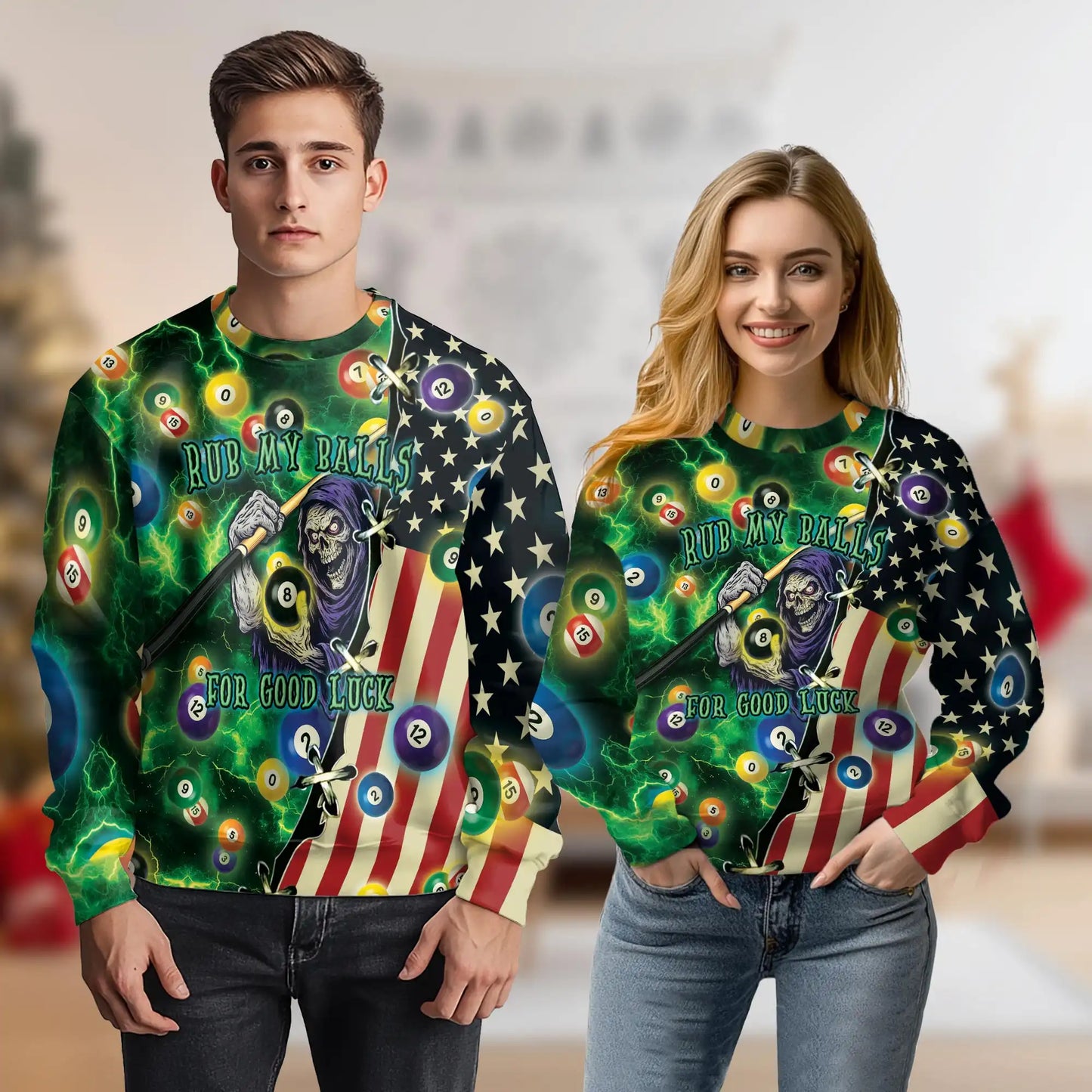Rub My Balls for Good Luck Billiard Sweatshirt, 3D All Over Print Funny Pool Crewneck Pullover for Men Women, Billiards Player Gift - Netecom