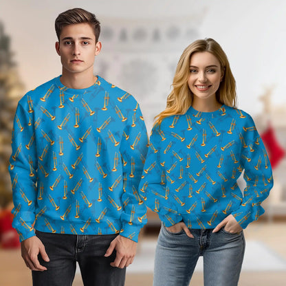 Trombone Pattern Sweatshirt, 3D All Over Print Musical Instrument Crewneck Pullover for Men Women, Trombone Player Gift - Netecom