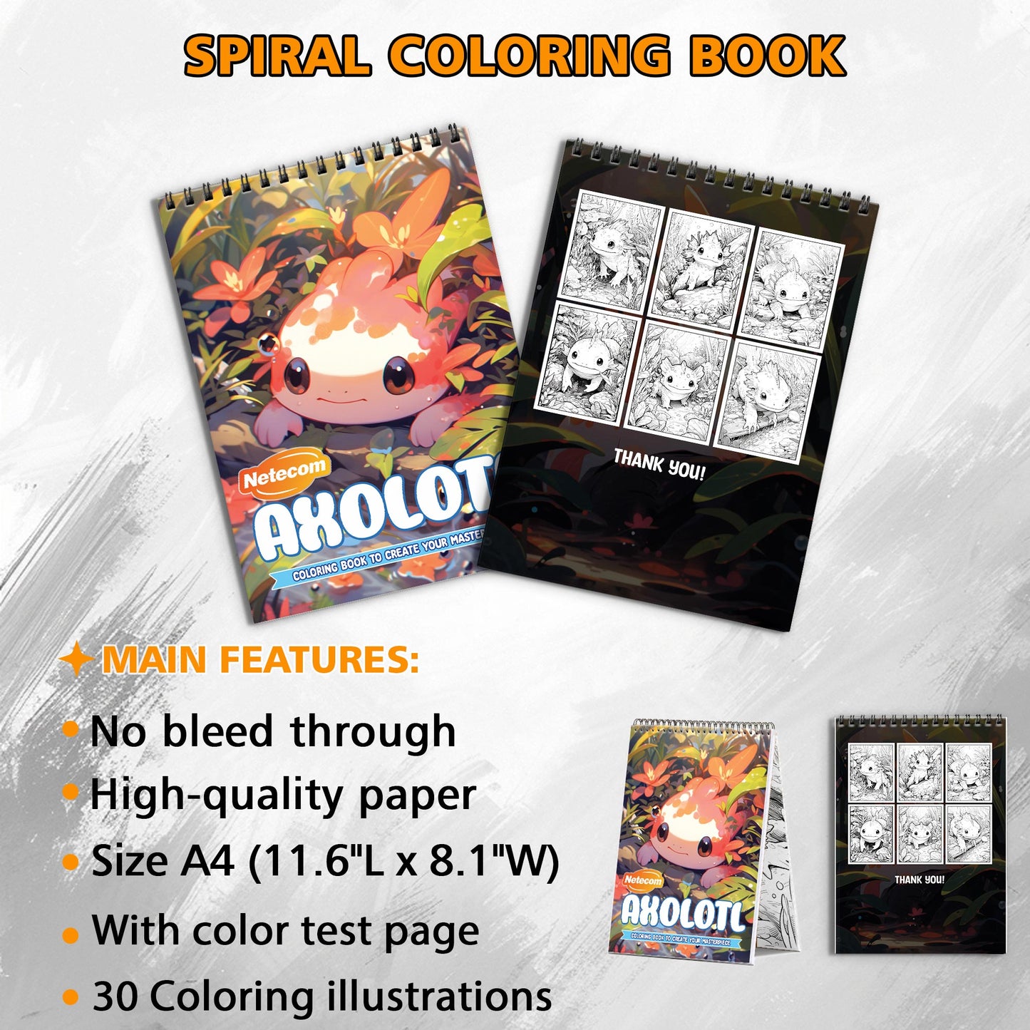 Axolotl Spiral Bound Coloring Book, Adorable Axolotls in Artistic Settings, Great for Animal Lovers and Those Seeking Unique and Cute Art