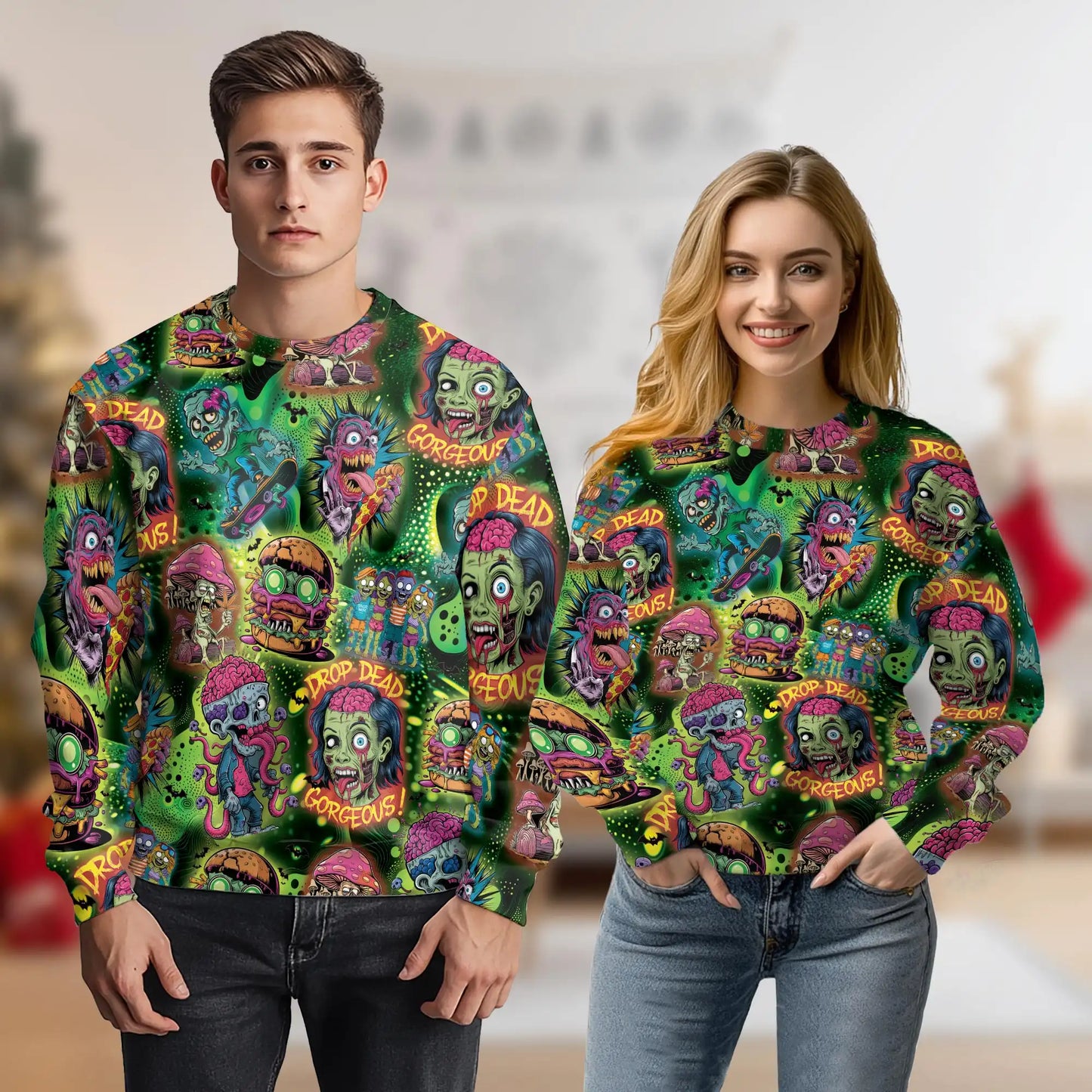 Psychedelic Zombie Sweatshirt, 3D All Over Print Horror Fantasy Crewneck Pullover for Men Women, Zombie Lover Gift - Netecom