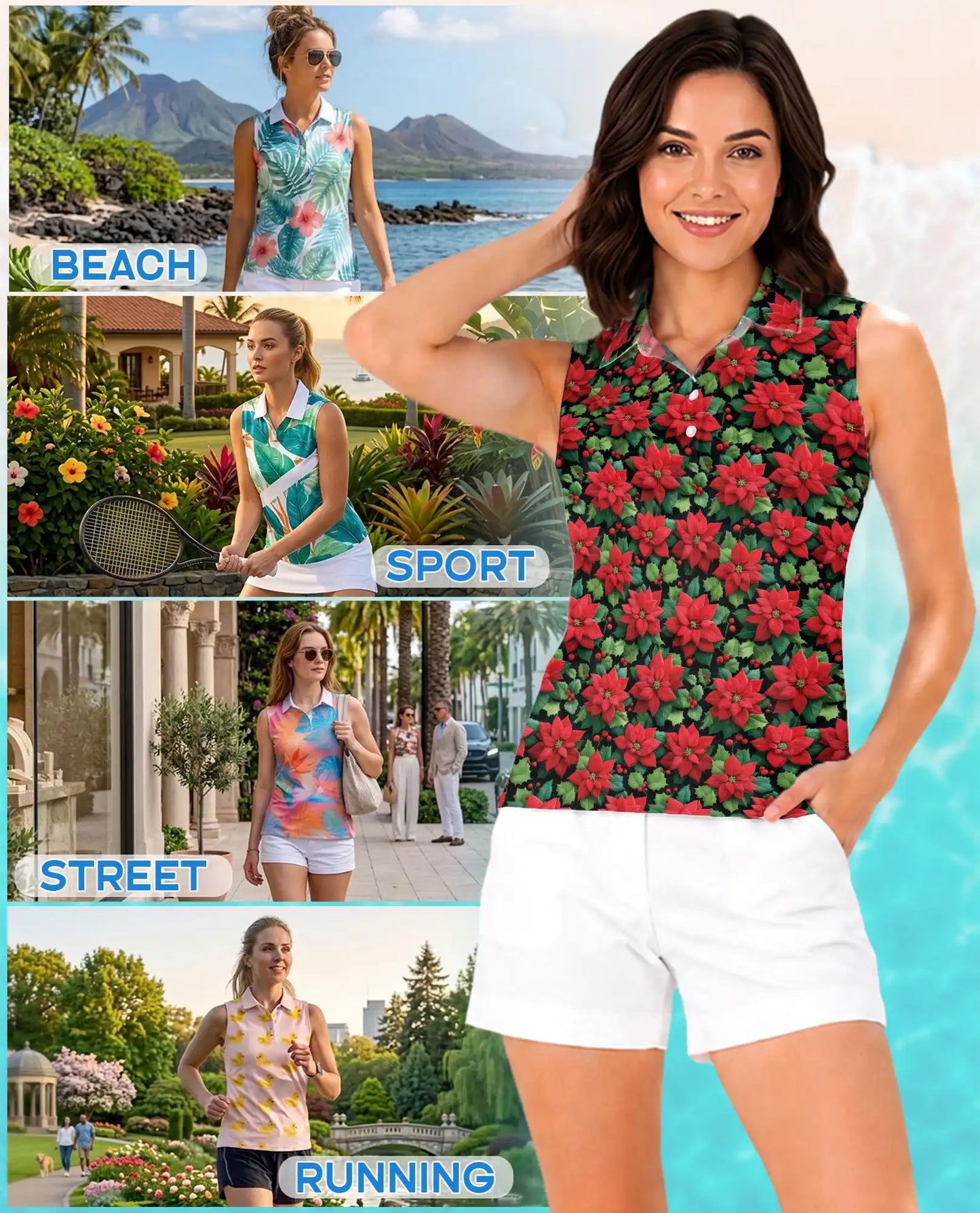 Red Poinsettia Pattern Sleeveless Polo Shirt for Women| Netecom