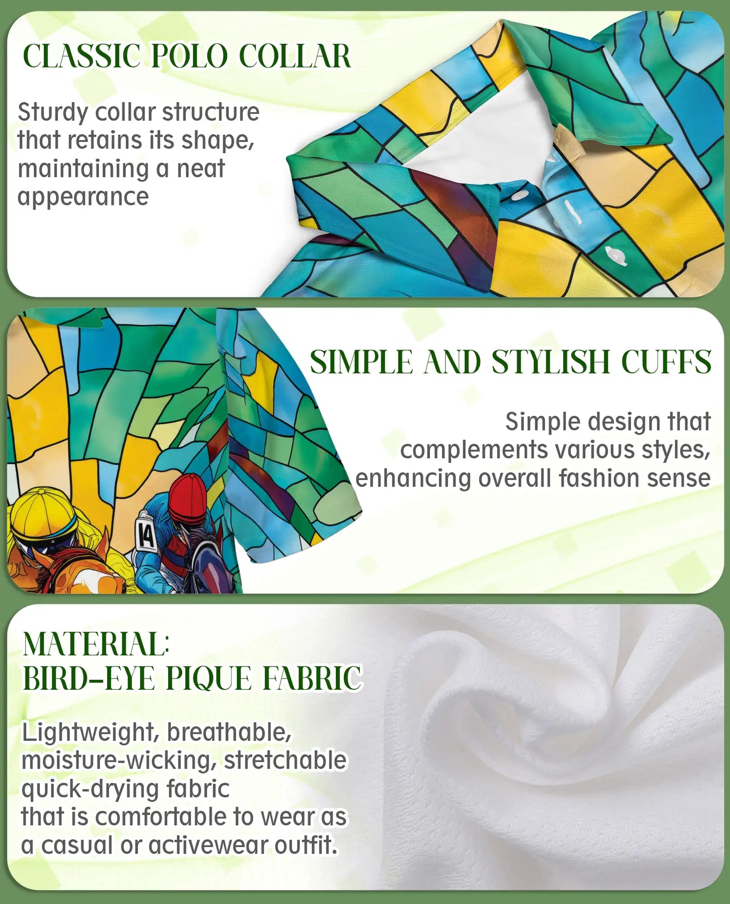 Stained Glass Horse Racing 3D Polo Shirt for Men – Colorful Jockey Derby Style | Netecom