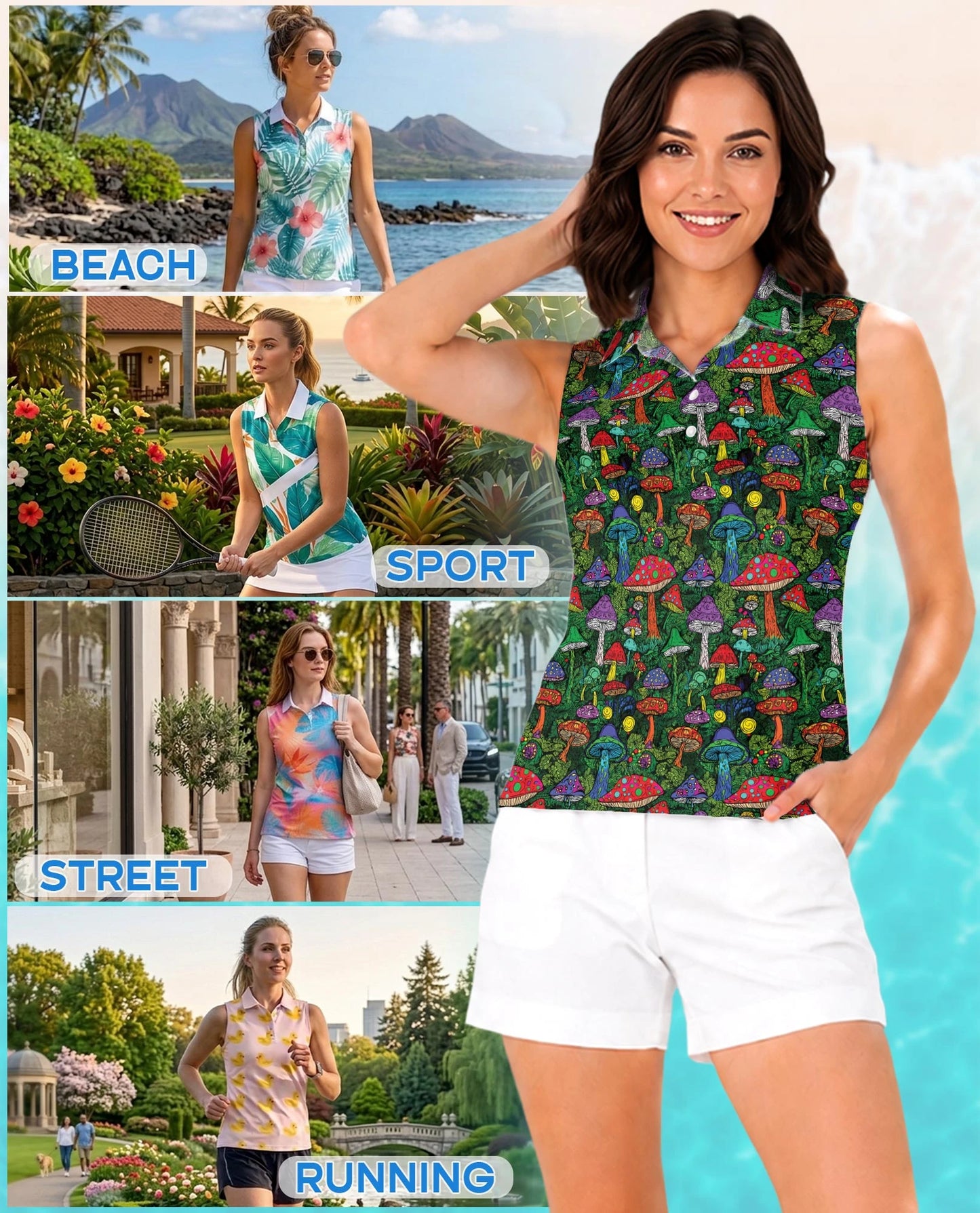 Hippie Vintage Mushroom Sleeveless Polo Shirt for Women | Netecom