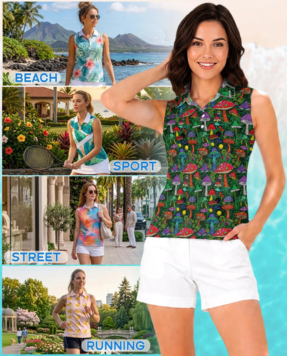 Hippie Vintage Mushroom Sleeveless Polo Shirt for Women | Netecom