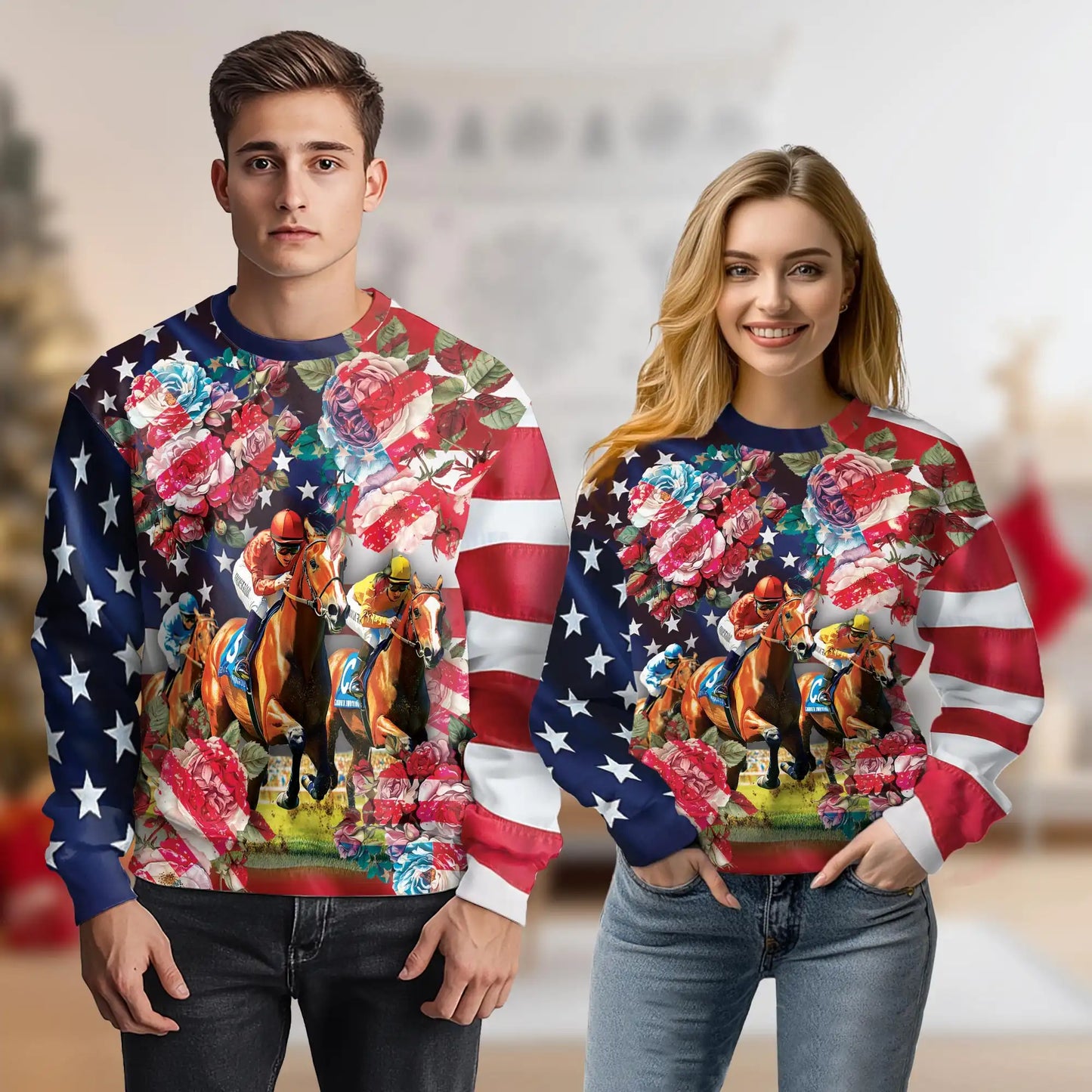 American Flag Rose Horse Racing Sweatshirt, 3D All Over Print Patriotic Equestrian Crewneck Pullover for Men Women, Horse Racing Lover Gift - Netecom
