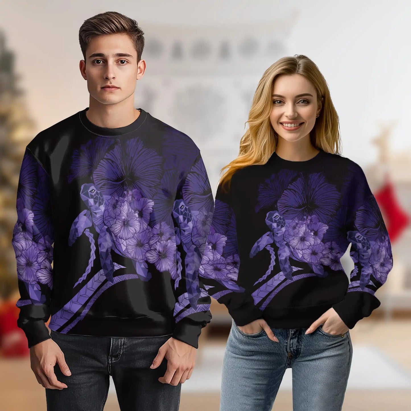 Polynesian Sea Turtle Flower Purple Sweatshirt, 3D All Over Print Tropical Tribal Crewneck Pullover for Men Women, Sea Turtle Lover Gift - Netecom