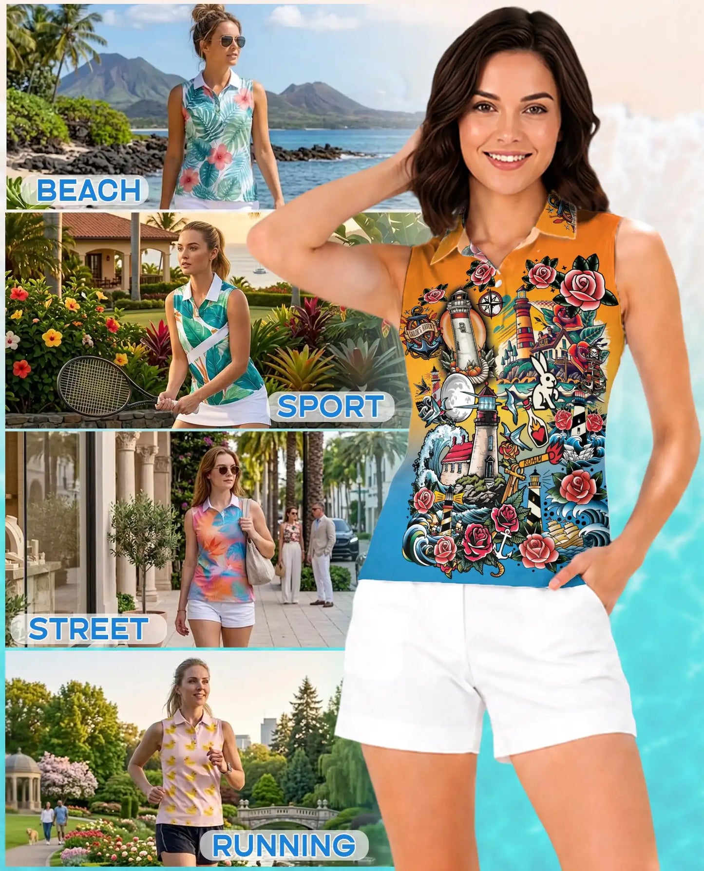 Nautical Lighthouse Sleeveless Polo Shirt for Women – Coastal Ocean Style | Netecom