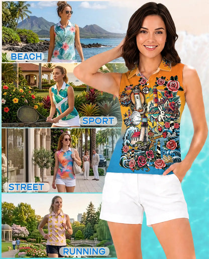 Nautical Lighthouse Sleeveless Polo Shirt for Women – Coastal Ocean Style | Netecom