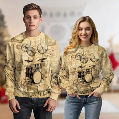 Drum Sweatshirt, 3D All Over Print Musical Instrument Crewneck Pullover for Men Women, Drummer Music Lover Gift - Netecom