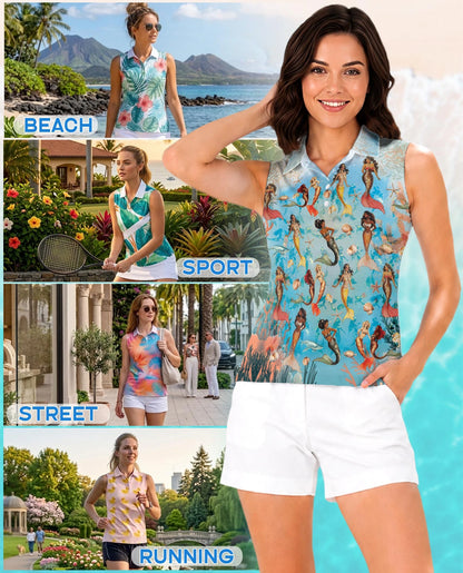 Mermaid Sea Horse Coral Reef Sleeveless Polo Shirt for Women | Netecom
