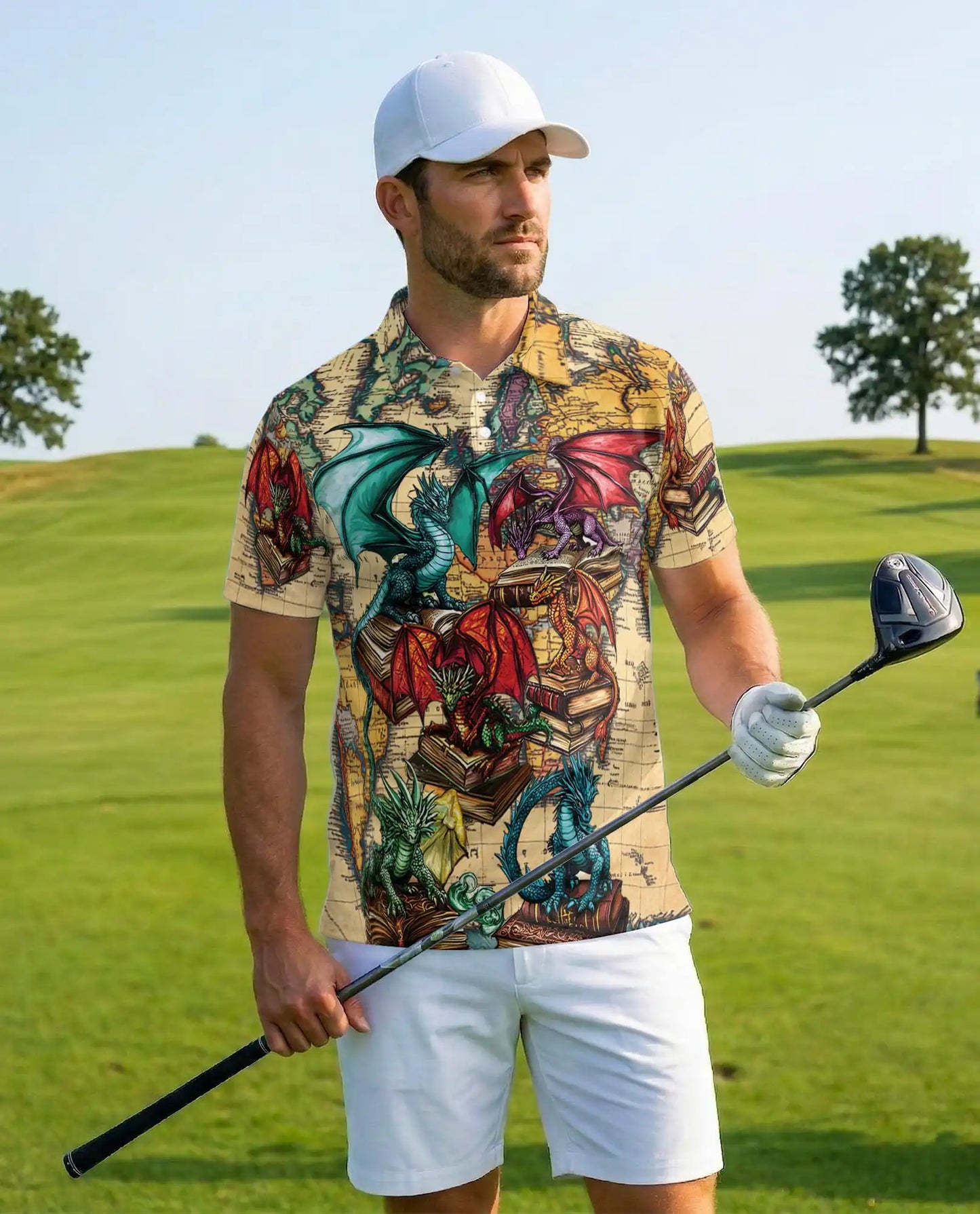 Dragon Library Polo Shirt - Fantasy Book Lover Style | Netecom