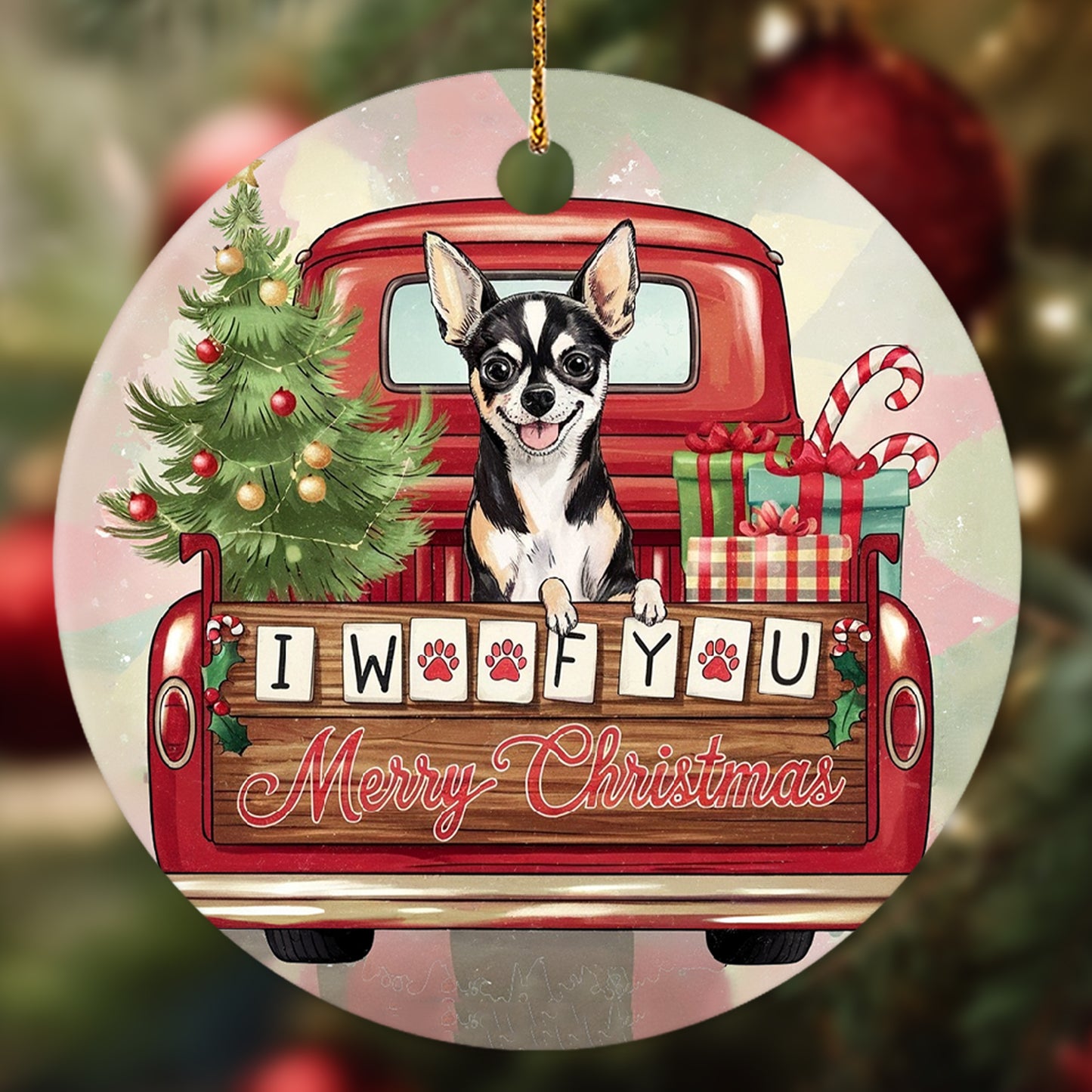 Netecom Adorable Chihuahua in Christmas Truck Ornament, I Woof You Happy Pawlidays Ceramic Ornament for Christmas Tree Hanging Decorations Gift, Dog Lover Gifts, Holiday Decor Present