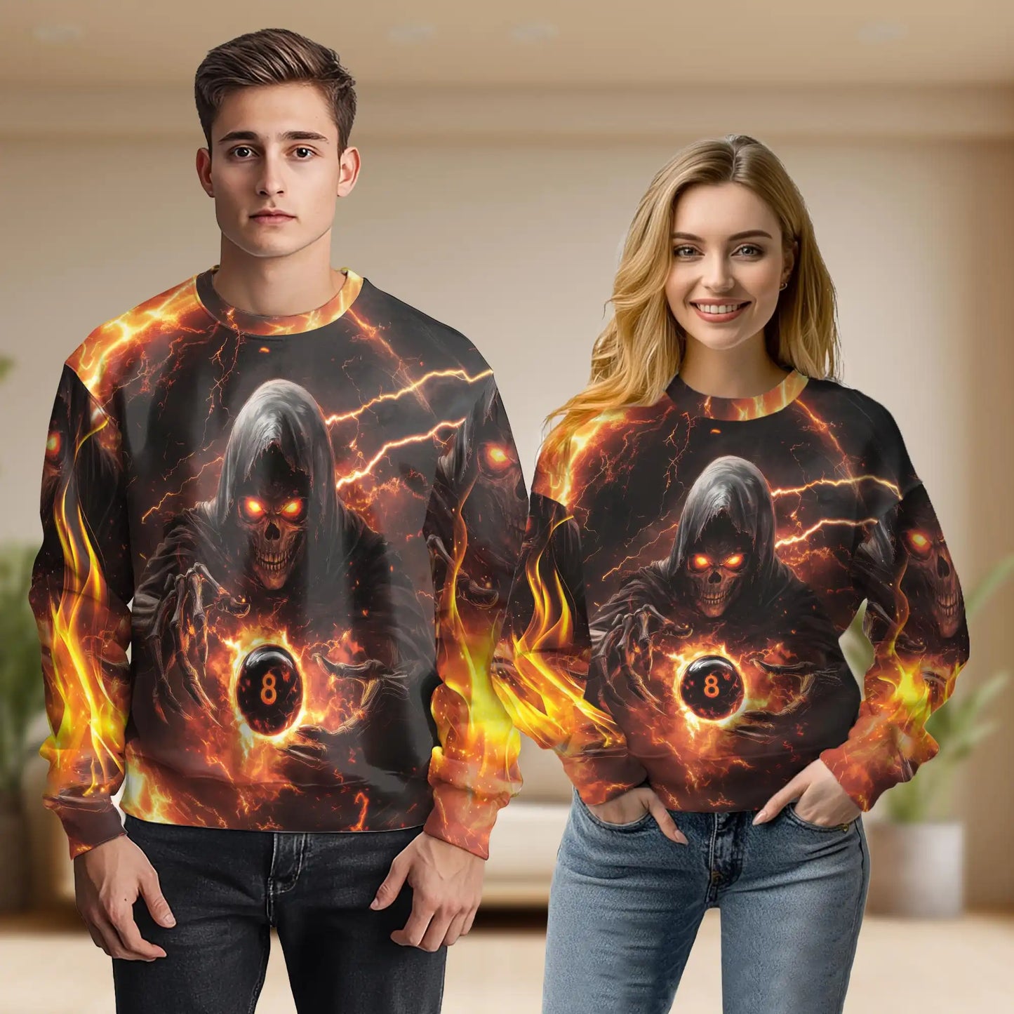 Grim Reaper Fire Sweatshirt, 3D All Over Print Dark Fantasy Flame Crewneck Pullover for Men Women, Gothic Halloween Gift - Netecom