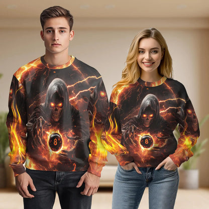 Grim Reaper Fire Sweatshirt, 3D All Over Print Dark Fantasy Flame Crewneck Pullover for Men Women, Gothic Halloween Gift - Netecom