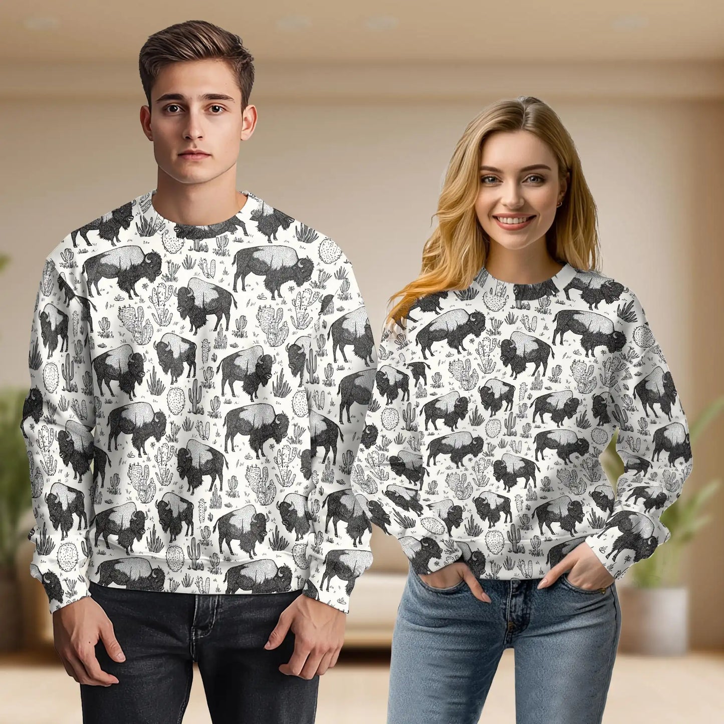 Bison Pattern Sweatshirt, 3D All Over Print American Buffalo Wildlife Crewneck Pullover for Men Women, Bison Lover Gift - Netecom