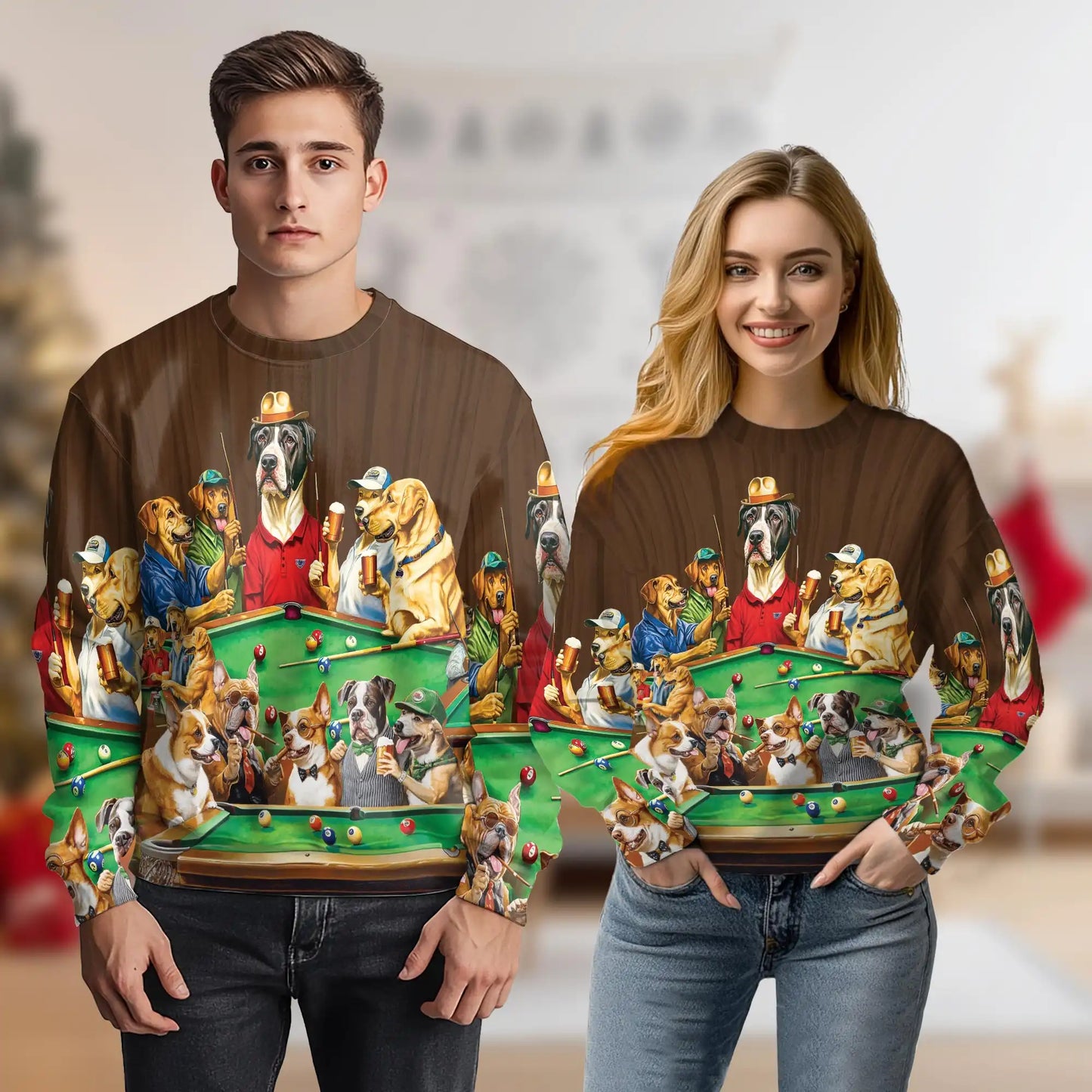 Vintage Billiard Dogs Playing Pool Sweatshirt, 3D All Over Print Funny Pool Crewneck Pullover for Men Women, Billiards Lover Gift - Netecom