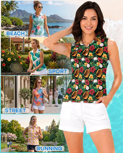 Baseball Glove And Hibiscus Sleeveless Polo Shirt for Women | Netecom