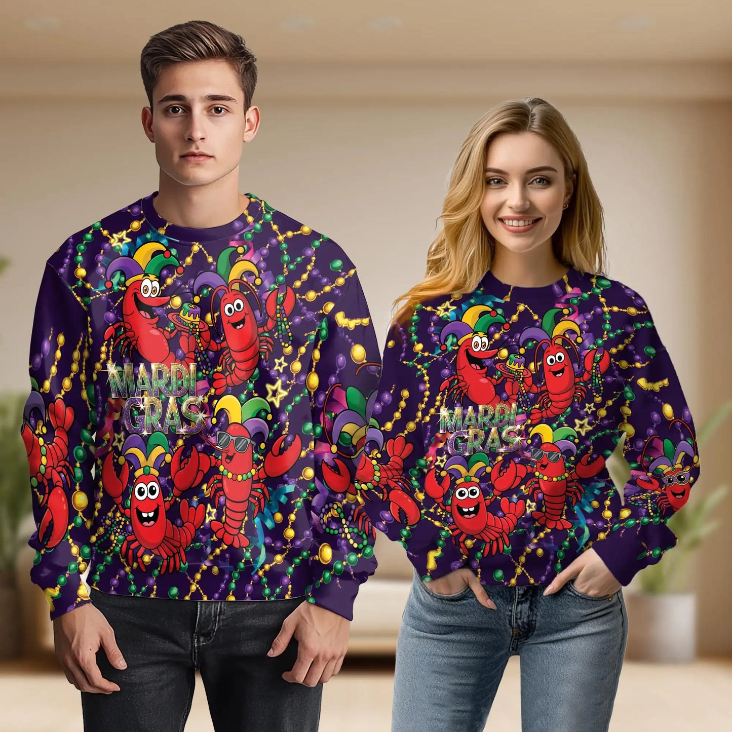 Happy Mardi Gras Shrimps Sweatshirt, 3D All Over Print Carnival Seafood Crewneck Pullover for Men Women, Mardi Gras Gift - Netecom
