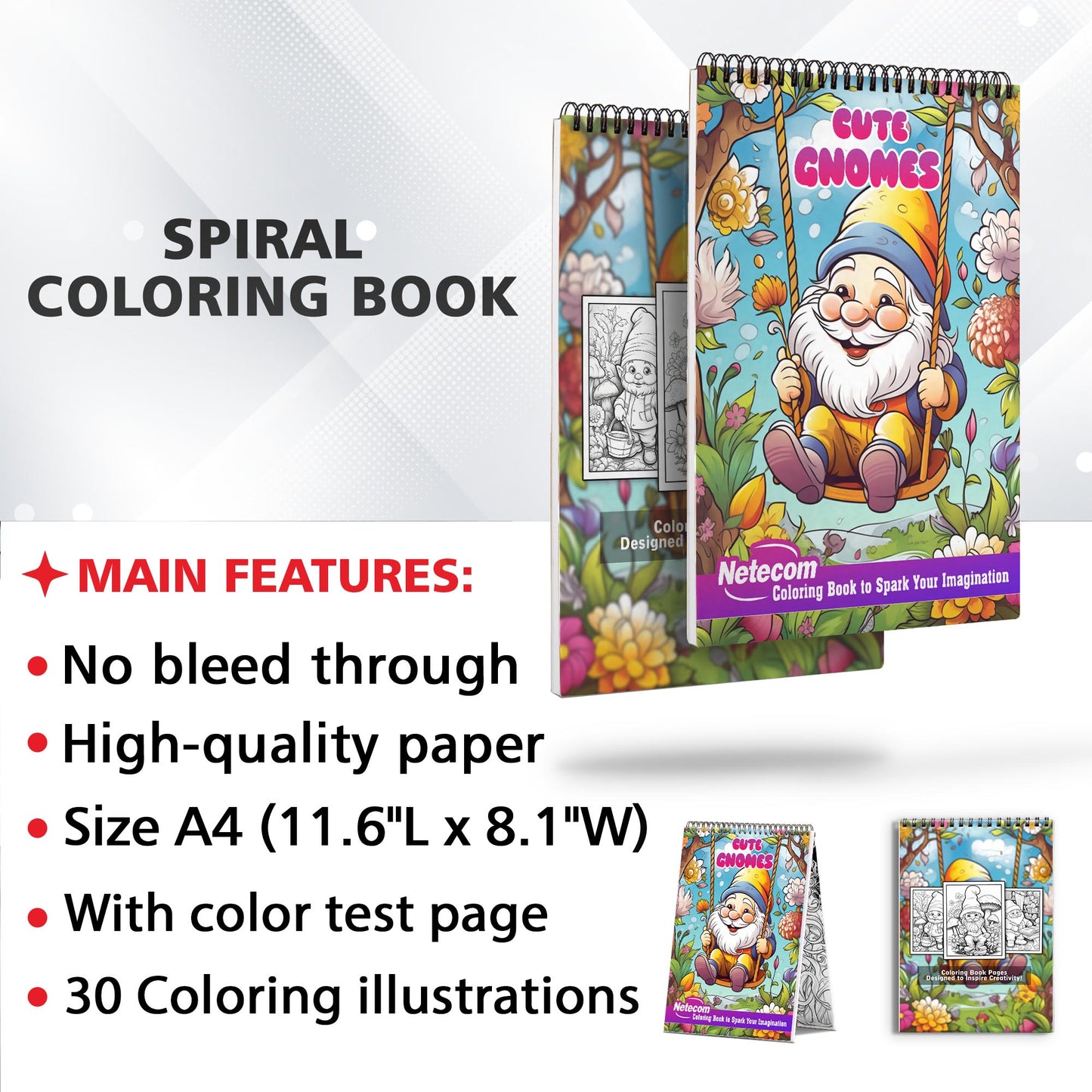 Cute Gnomes Spiral Bound Coloring Book: Unleash Your Creativity with 30 Coloring Pages, Featuring Charming Illustrations of Cute Gnomes in Enchanting Gardens