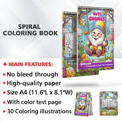 Cute Gnomes Spiral Bound Coloring Book: Unleash Your Creativity with 30 Coloring Pages, Featuring Charming Illustrations of Cute Gnomes in Enchanting Gardens