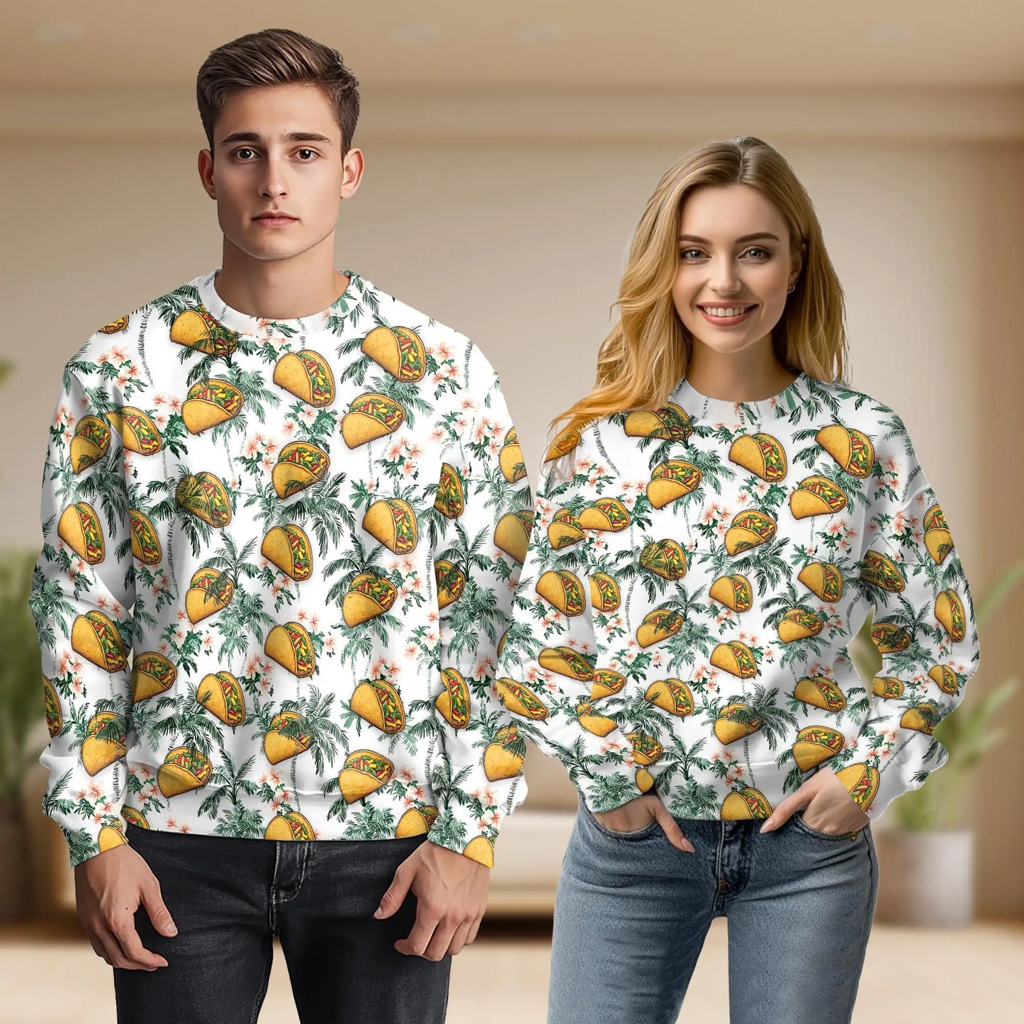 Taco Tropical Vintage Sweatshirt, 3D All Over Print Retro Mexican Food Crewneck Pullover for Men Women, Taco Lover Gift - Netecom
