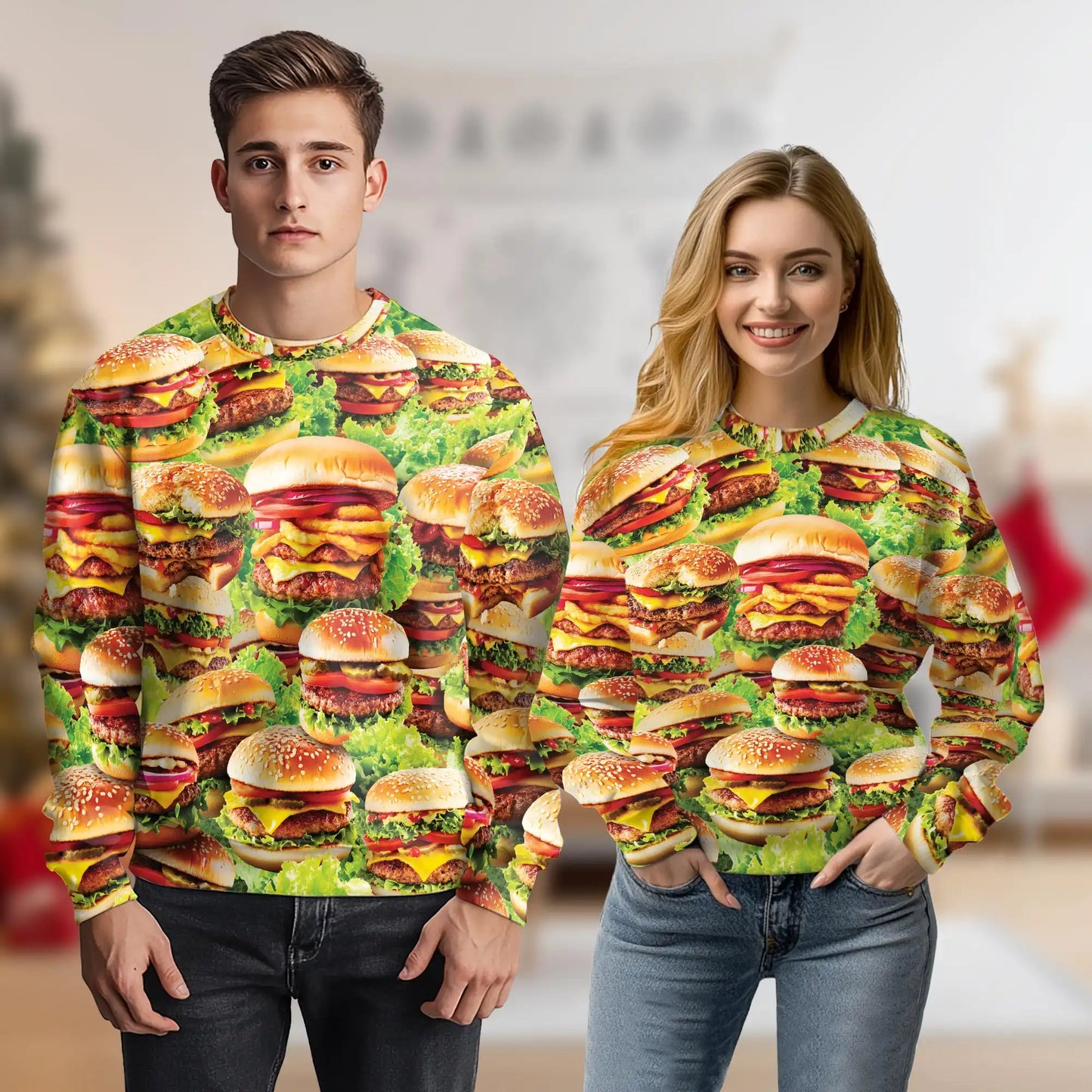 Delicious Hamburger Sweatshirt, 3D All Over Print Fast Food Crewneck Pullover for Men Women, Burger Lover Gift - Netecom